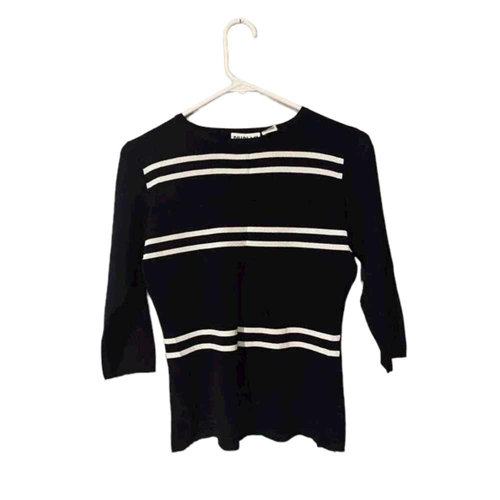Bill Blass Black White Striped Career Blouse Workwear Women Sz S